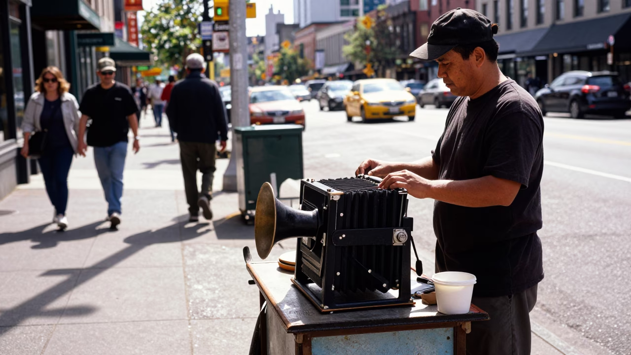 Midday Seattle Street Scene with Vintage Bellows and Urban Architecture in in Seattle, Washington, United States