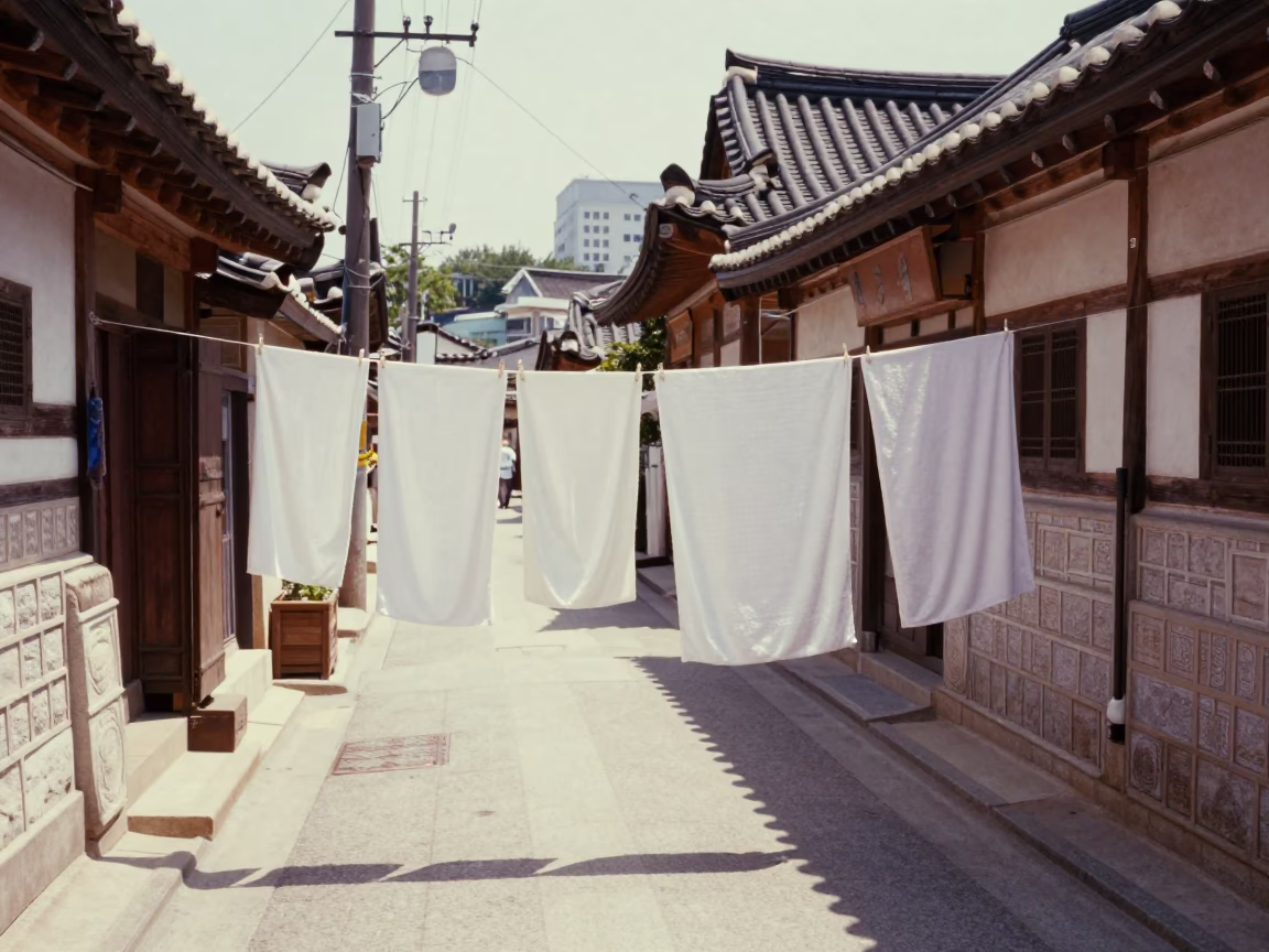 Midday Seoul Street Scene with Drying Towels and Traditional Korean Architecture in in Seoul, South Korea