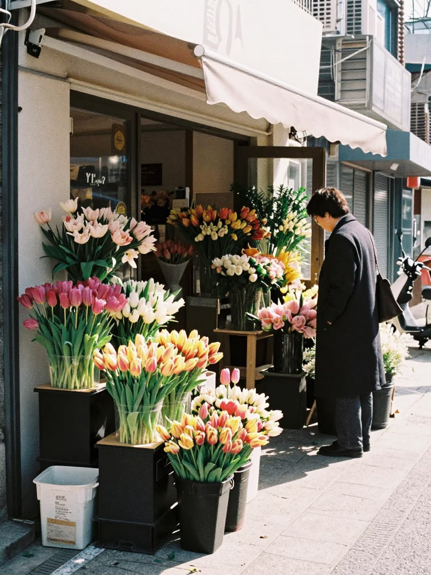 Midday Seoul Street Scene with Florist Shop and Bruised Tulips in South Korea in in Seoul, South Korea