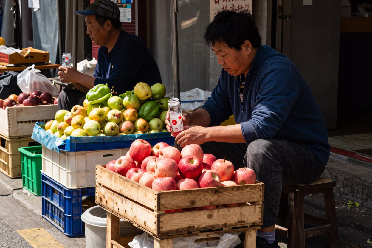 Midday Seoul Street Scene with Fruit Crate and Drinking Vessel in in Seoul, South Korea
