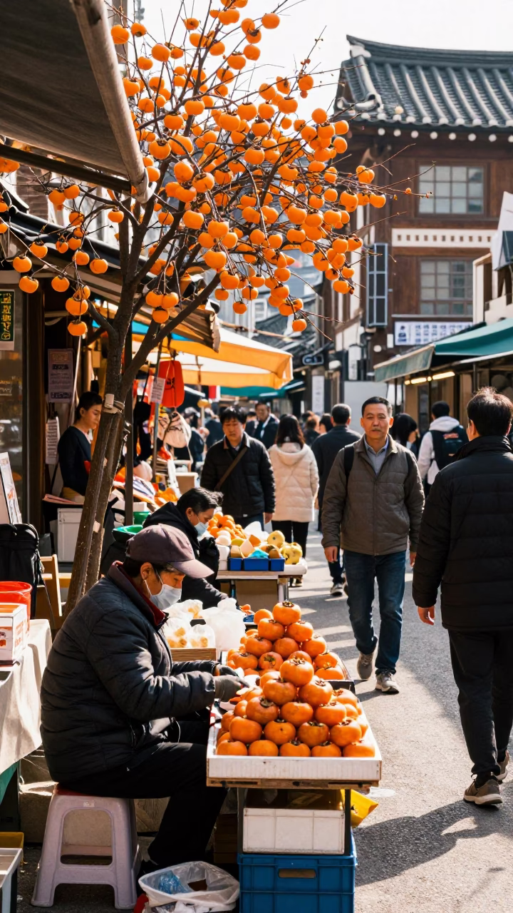 Midday Seoul Street Scene with Persimmons and Local Life in in Seoul, South Korea