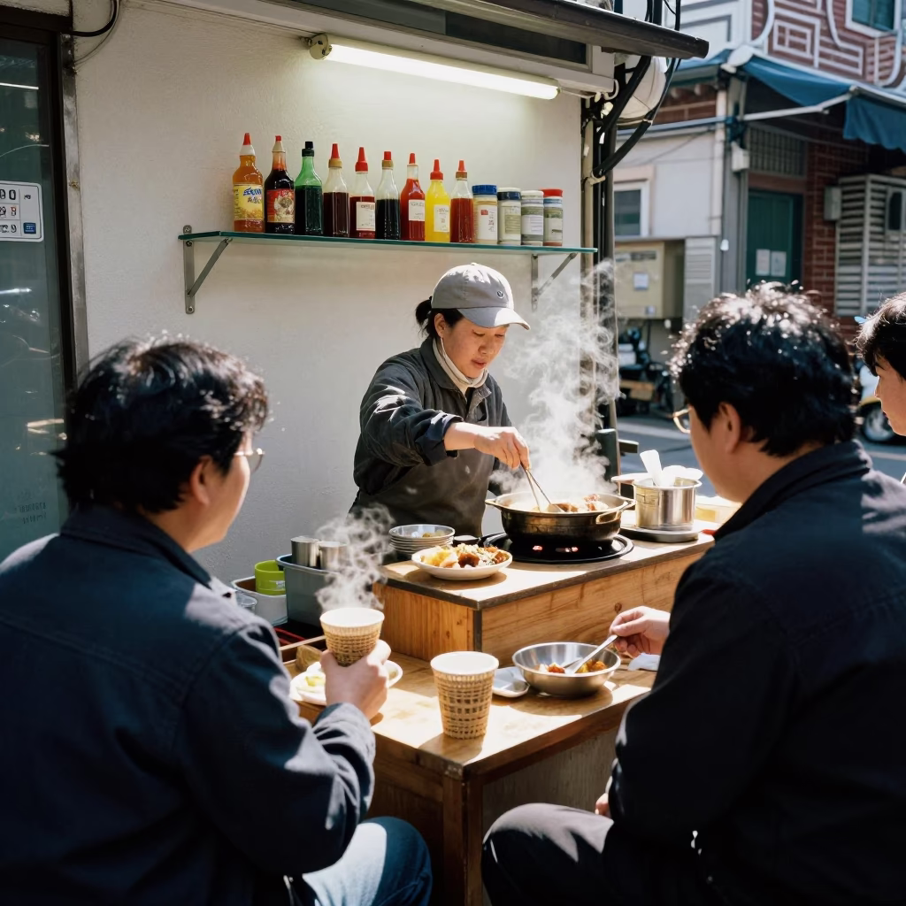 Midday Seoul Street Scene with Steaming Cup and Woven Bread Basket in in Seoul, South Korea