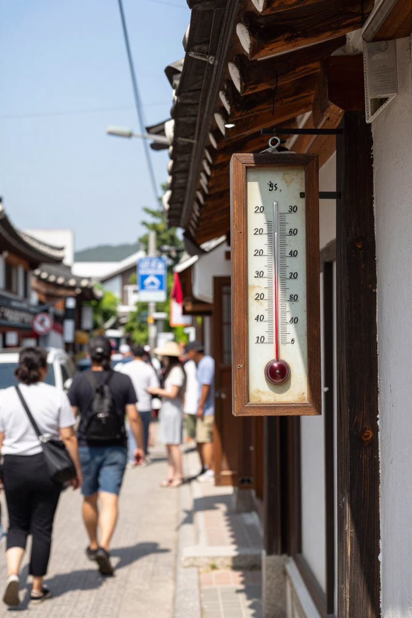 Midday Seoul Street Scene with Thermometer and Vintage Korean Commerce in in Seoul, South Korea