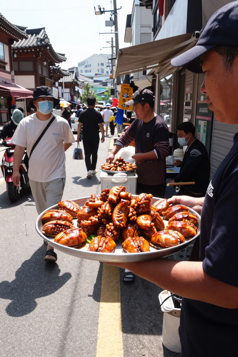 Midday Seoul Street Scene with Traditional Korean Food Tray in in Seoul, South Korea