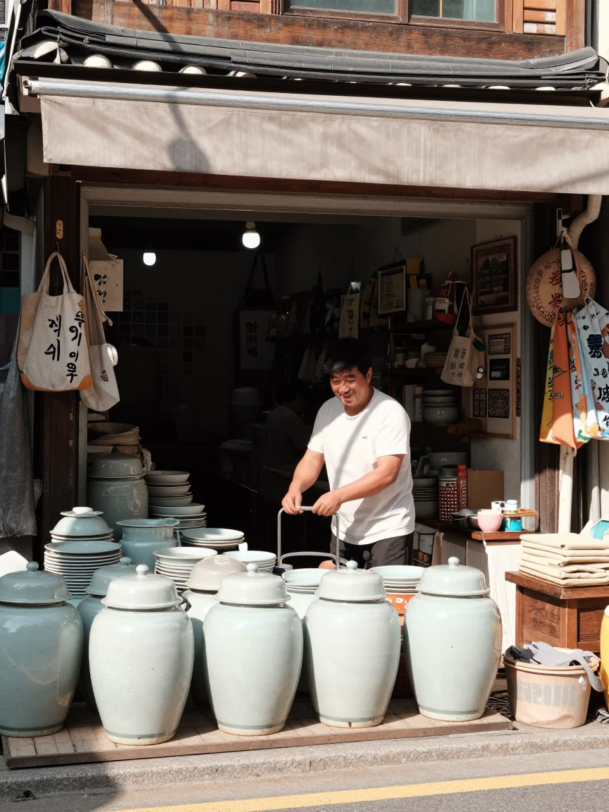 Midday Seoul Street Scene with Traditional Porcelain Jar and Brass Hardware Details in in Seoul, South Korea