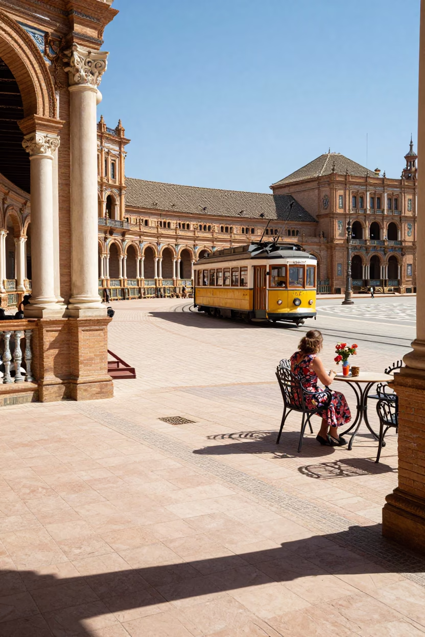 Midday Seville Plaza Scene with Biscuit Tin and Tram Passing in Background in in Seville, Spain