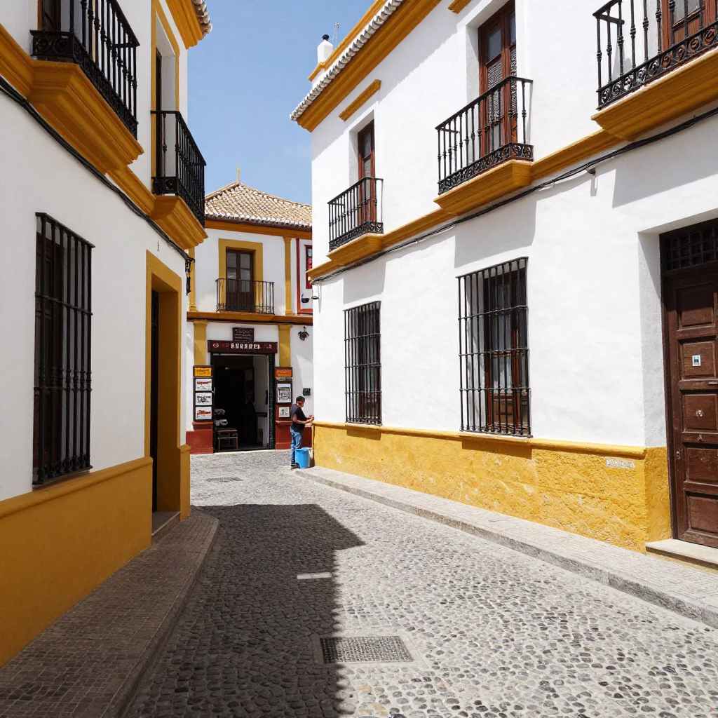Midday Seville Street Scene with Brushed Steel Edge and Traditional Spanish Architecture in in Seville, Spain