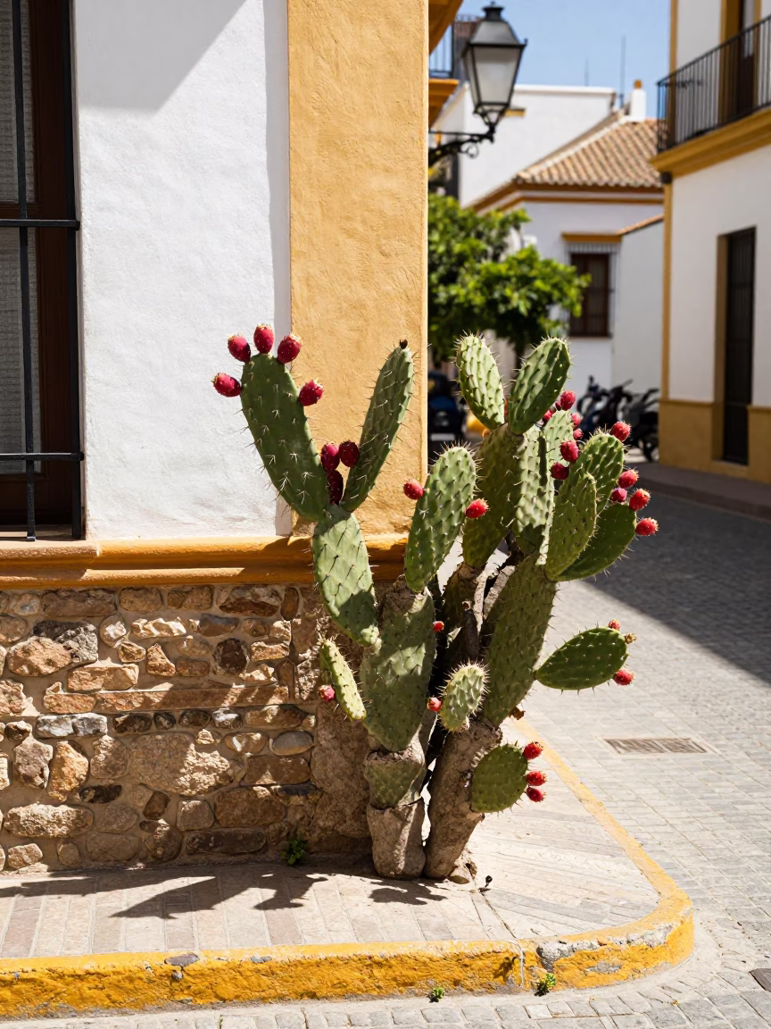 Midday Seville Street Scene with Prickly Pear Cactus and Local Market Activity in in Seville, Spain