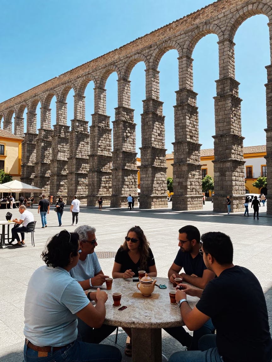 Midday Seville Street Scene with Roman Aqueduct and Local Saucers in in Seville, Spain