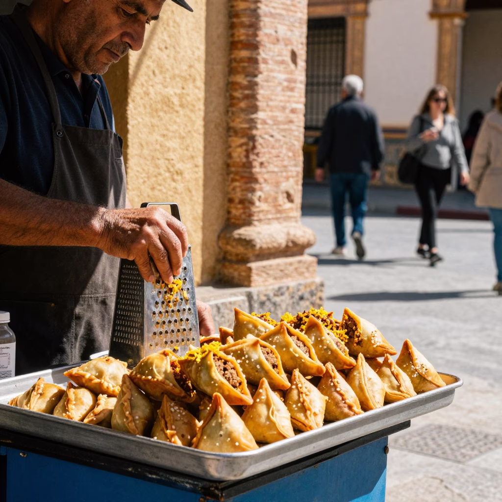 Midday Seville Street Scene with Traditional Sambusa Vendor and Local Customers in in Seville, Spain