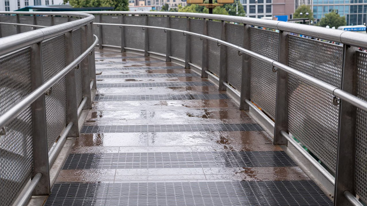 Midday Shanghai Pedestrian Overpass Wet Footsteps and Perforated Metal Urban Street Scene in in Shanghai, China