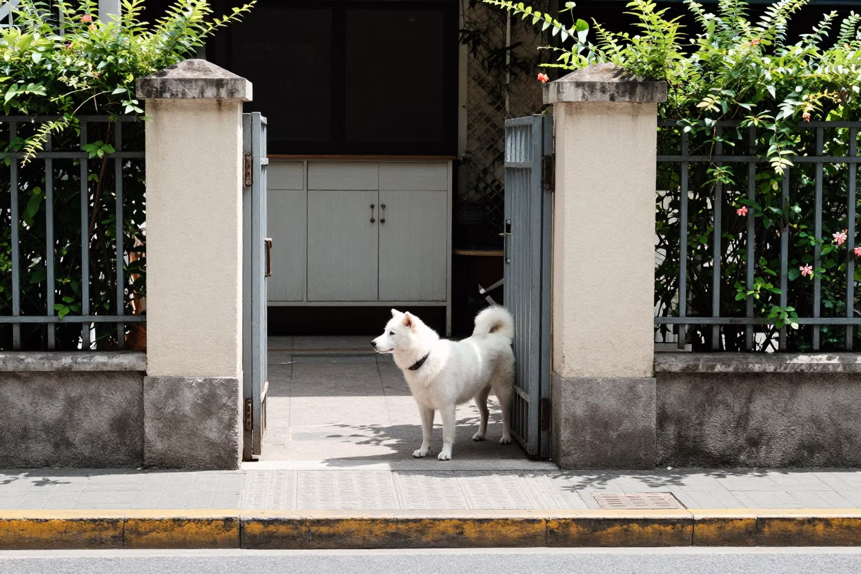 Midday Shanghai Street Scene with White Dog and Garden Gate in China in in Shanghai, China