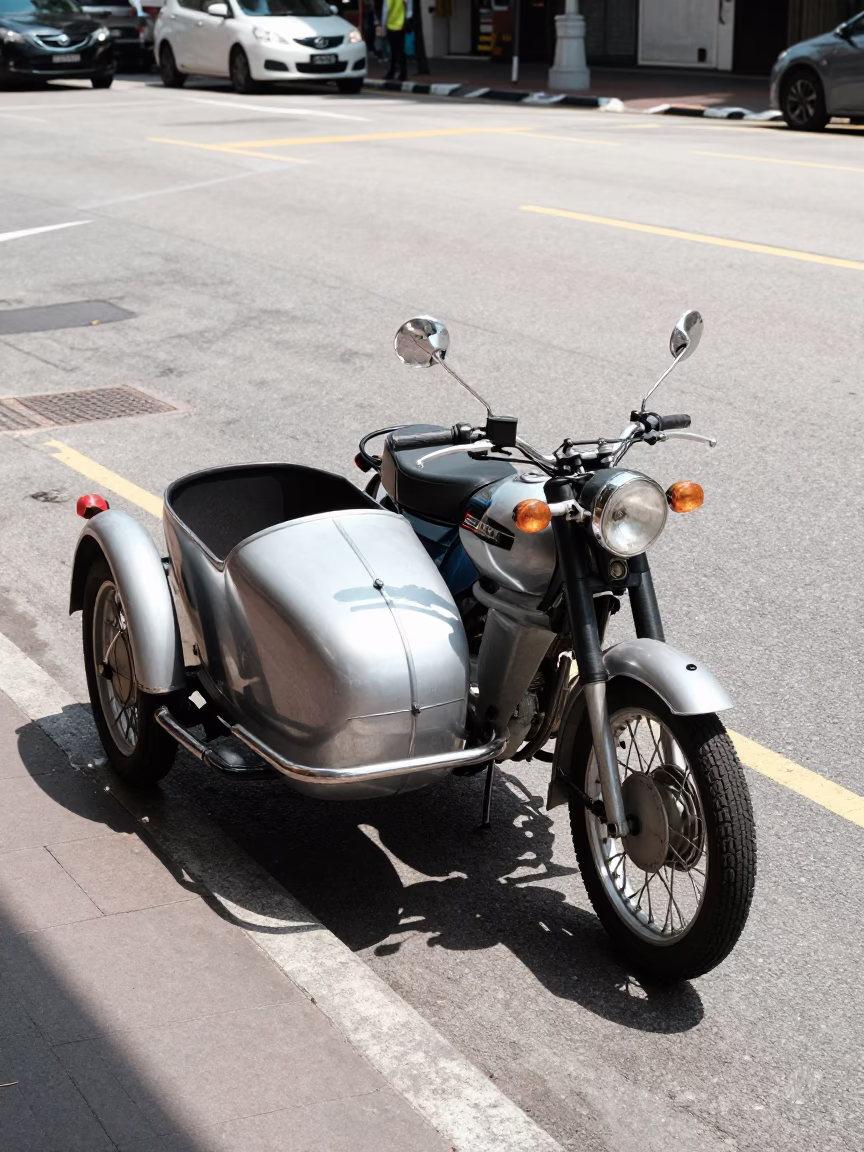 Midday Singapore Street Scene with Vintage Motorcycle and Sidewalk Details in in Singapore, Singapore