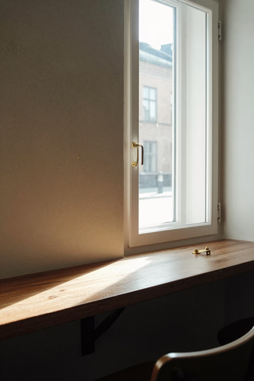 Midday Stockholm Cafe Interior Lichen Texture and Brass Latch Details in in Stockholm, Sweden