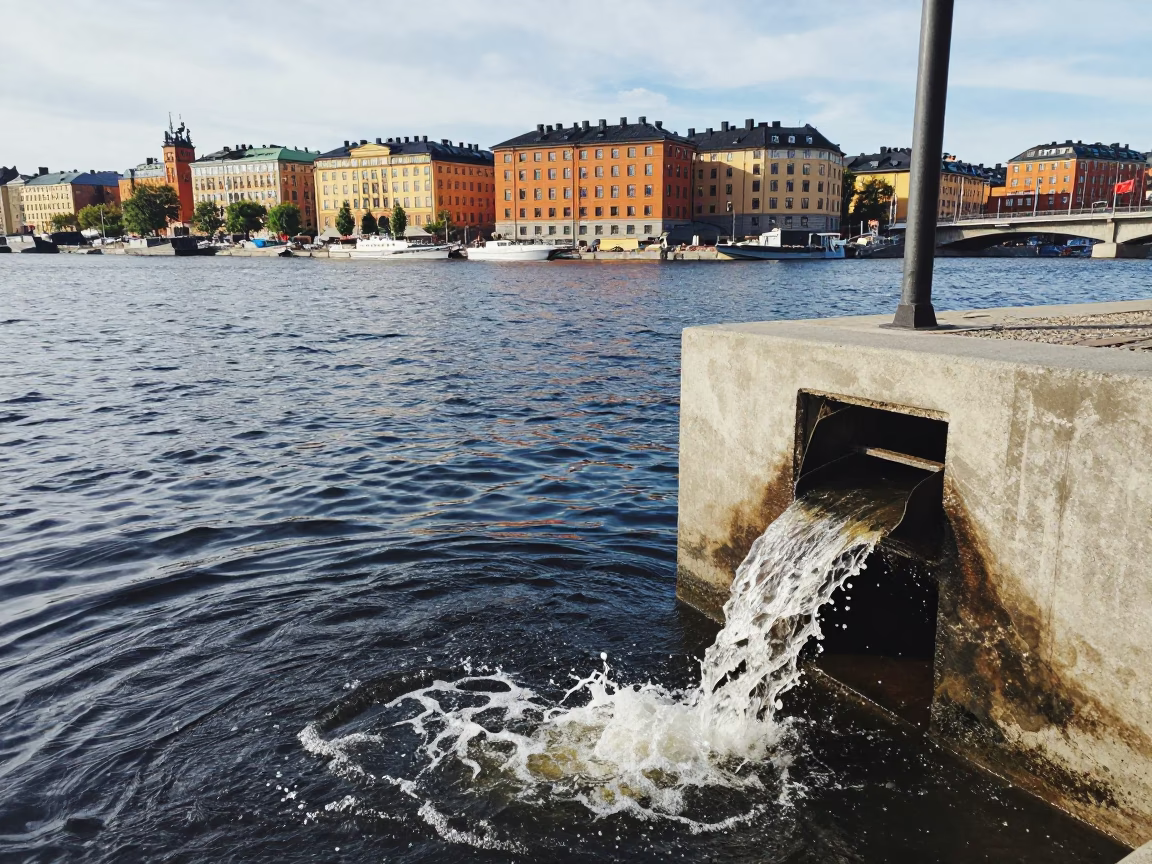 Midday Stockholm Cityscape with Storm Drain Outfall Pouring into Swollen River in in Stockholm, Sweden
