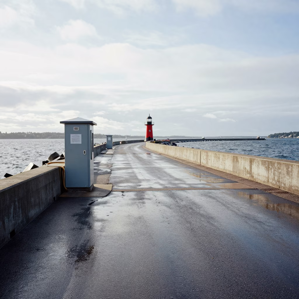 Midday Stockholm Harbor Breakwater and Lonely Beacon with Substation Road Puddle in in Stockholm, Sweden