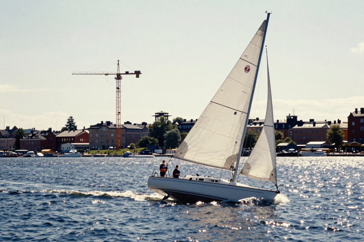 Midday Stockholm Harbor Scene with Heeled Sailboat and Wind Farm Crane in Background in in Stockholm, Sweden