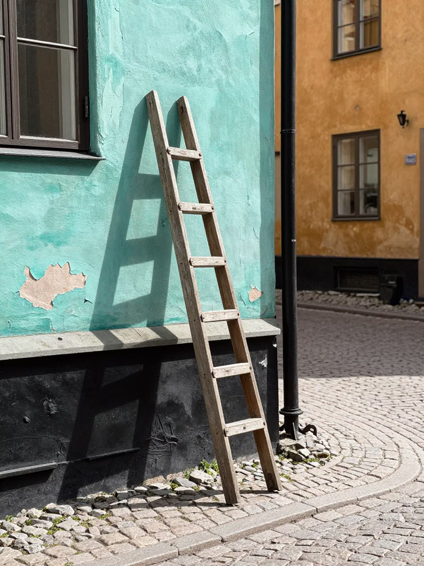 Midday Stockholm Street Scene with Peeling Turquoise Paint and Wooden Ladder in in Stockholm, Sweden