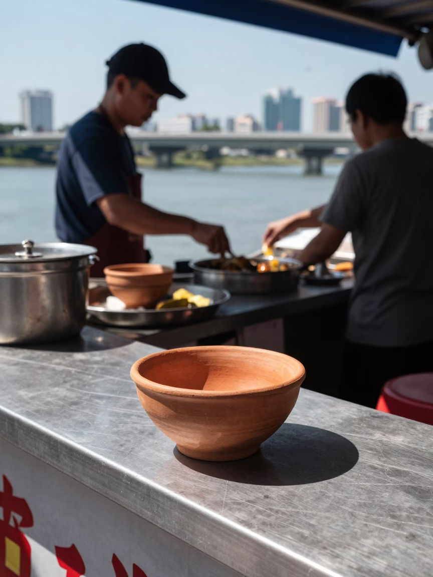 Midday Street Food Scene in Kaohsiung Taiwan with Terracotta Bowl and Condor in in Kaohsiung, Taiwan