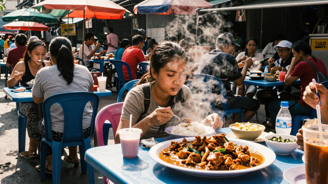 Midday Street Food Stall in Bangkok Thailand with Chicken Adobo and Steamed Rice in in Bangkok, Thailand