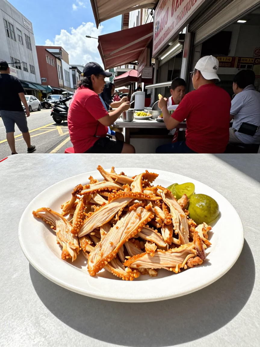 Midday Street Food Stall in Singapore with Chicken Shawarma Plate and Local Diners in in Singapore, Singapore