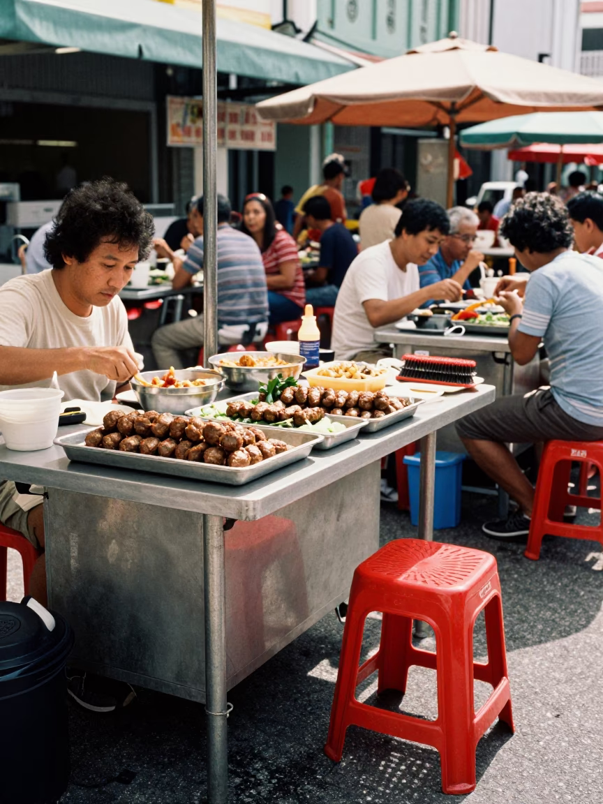 Midday Street Food Stall in Singapore with Kofte Tray and Step Stools in in Singapore, Singapore