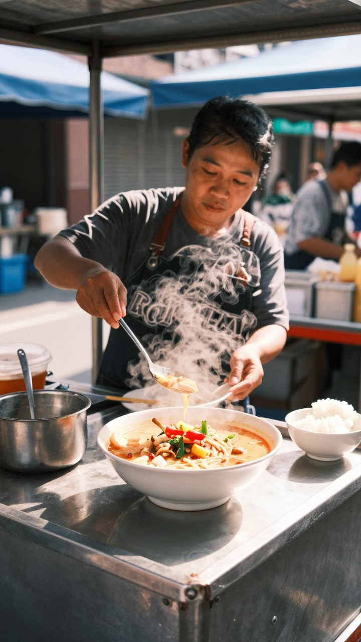 Midday Street Food Stall in Tainan Taiwan Serving Tom Kha Gai with Galangal in in Tainan, Taiwan