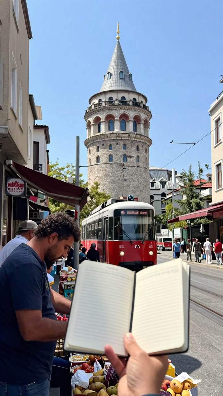 Midday Street Life in Istanbul Turkey with Notebook and Monorail in in Istanbul, Turkey
