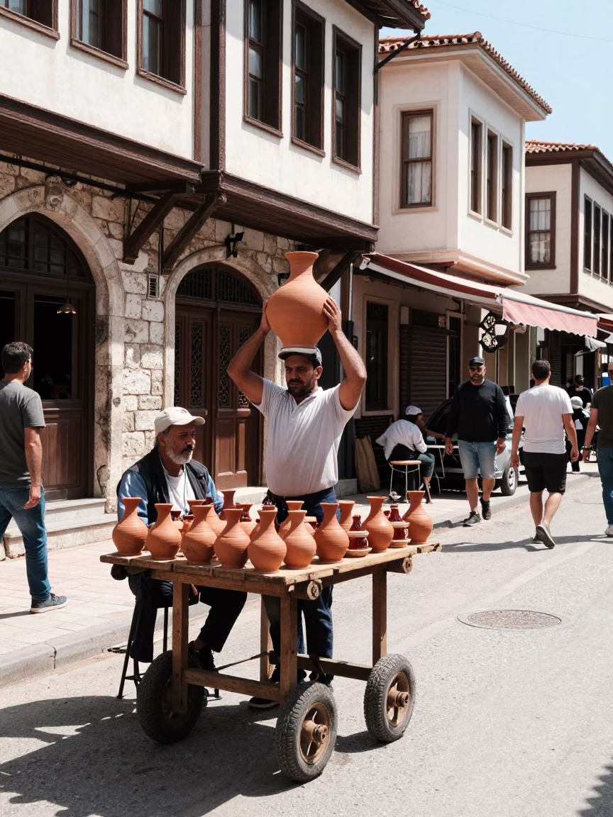 Midday Street Life in Izmir Turkey with Clay Pot and Tea Kettles in in Izmir, Turkey