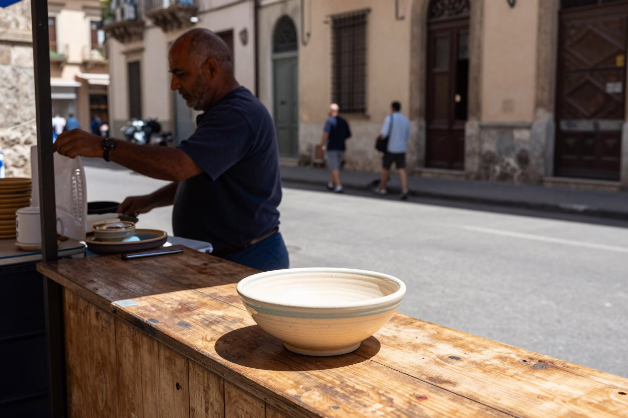 Midday Street Life in Palermo Italy with Ceramic Bowl and Table Fan in in Palermo, Italy