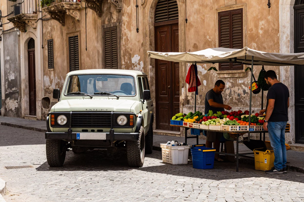 Midday Street Life in Palermo Italy with Vintage SUV and Local Market Details in in Palermo, Italy