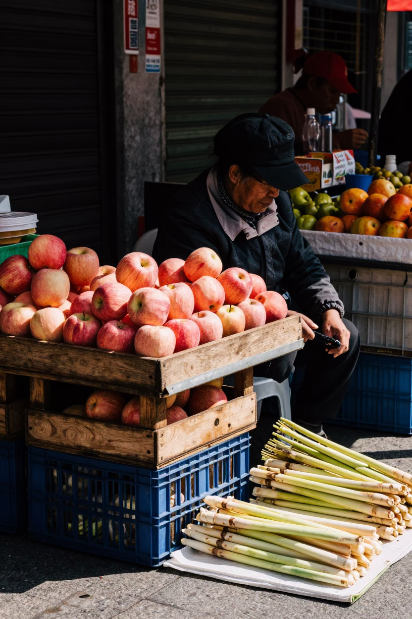 Midday street market scene in Shanghai China with fruit crates and lemongrass in in Shanghai, China