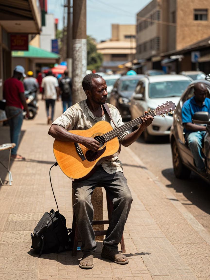 Midday Street Musician Playing Guitar in Nairobi Kenya Urban Scene in in Nairobi, Kenya