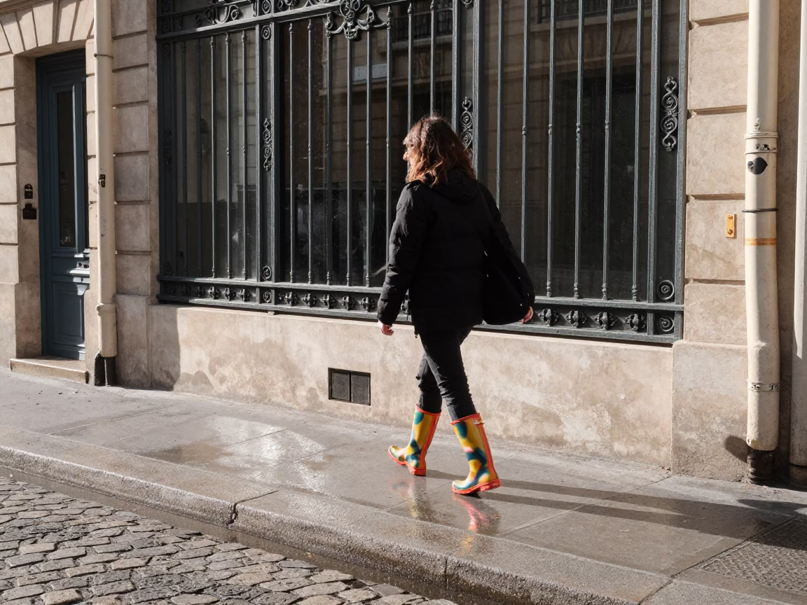 Midday Street Photography in Paris France with Colorful Rain Boots and Urban Details in in Paris, France