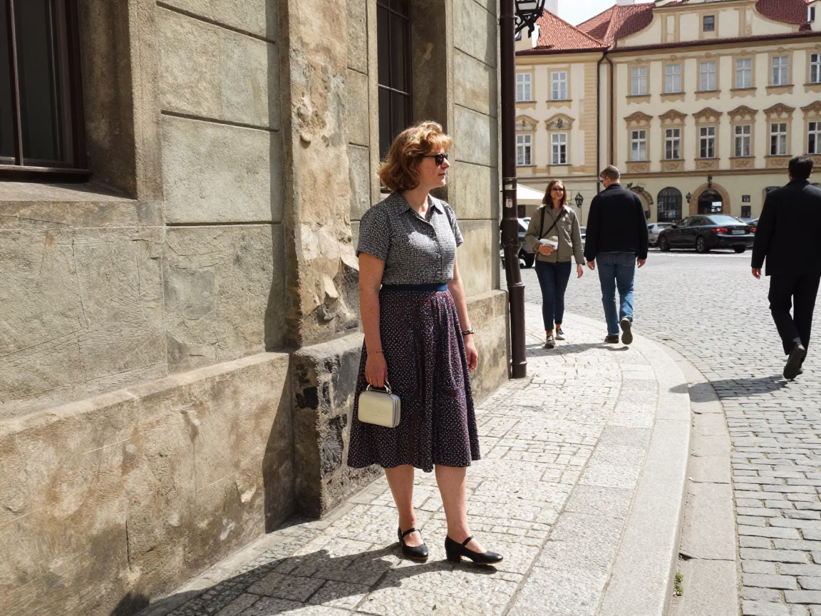 Midday Street Photography in Prague Czech Republic with Vintage 1980s Fashion and Local Details in in Prague, Czech Republic