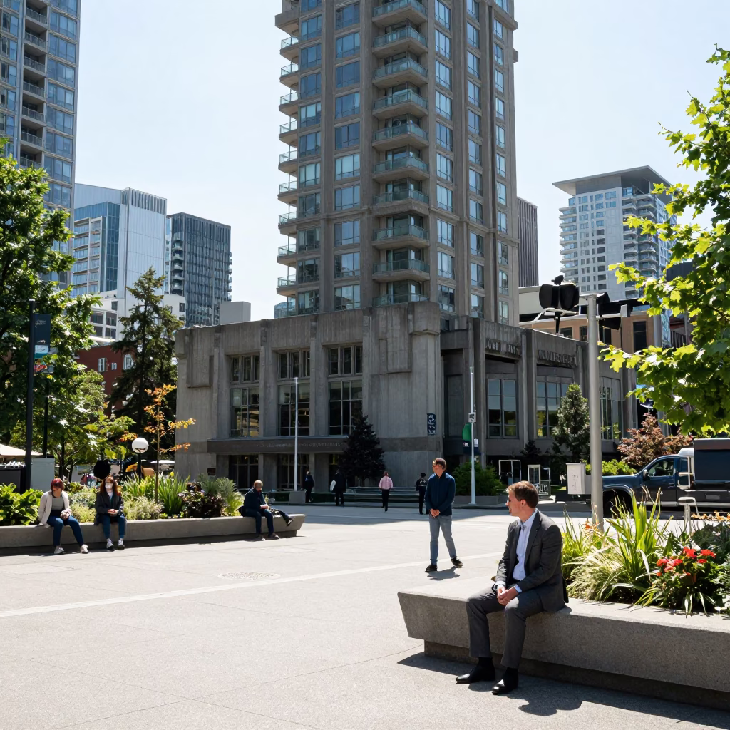 Midday Street Photography of Vancouver Downtown Skyline and Pedestrians with Glass Tumbler in in Vancouver, British Columbia, Canada
