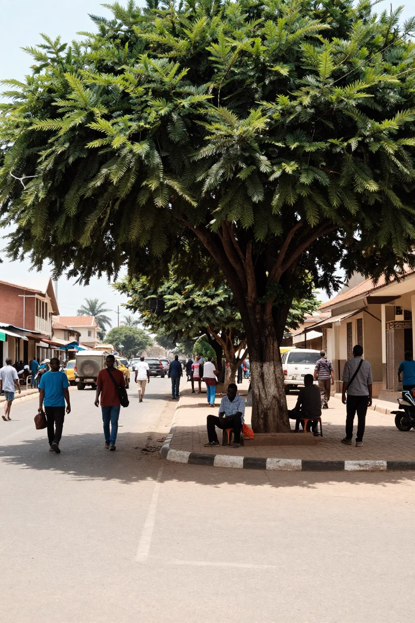 Midday Street Scene in Accra Ghana with Copper Beech Tree and Local Commerce in in Accra, Ghana