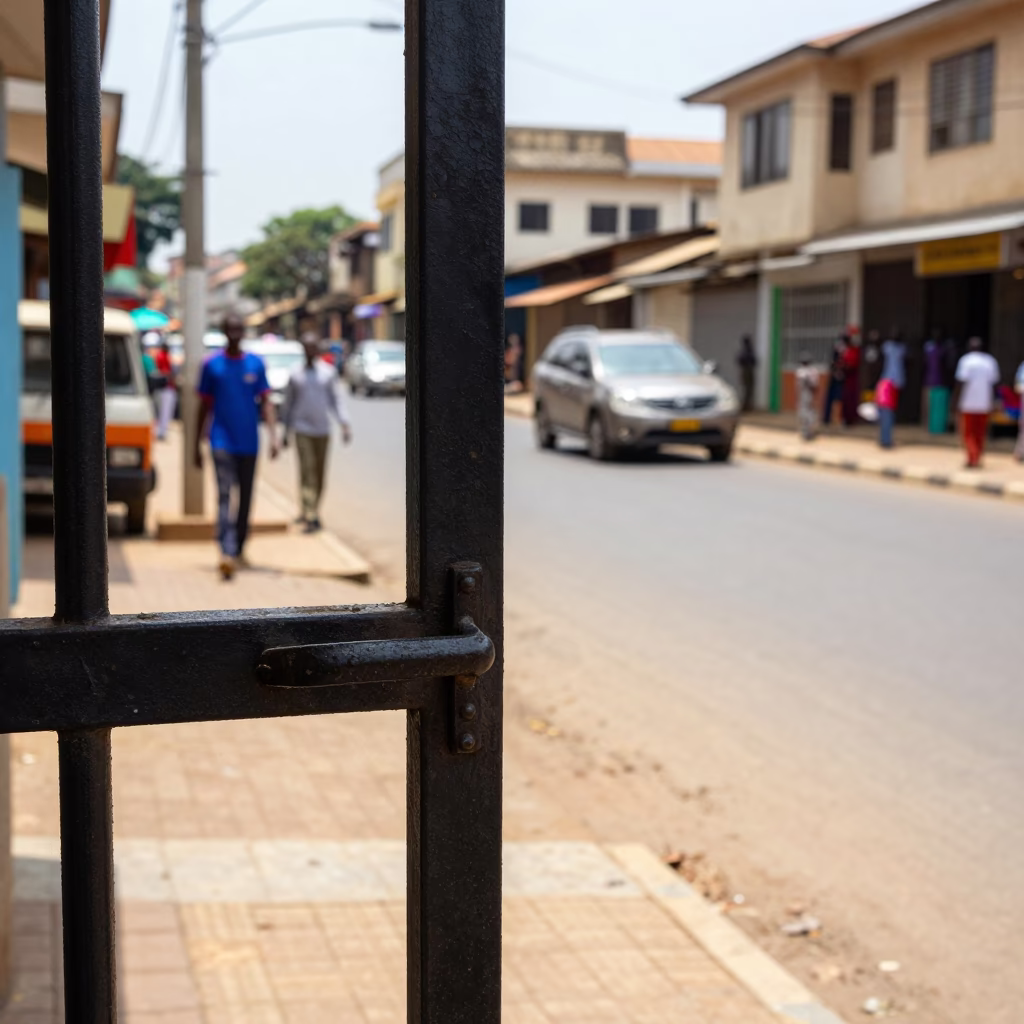 Midday Street Scene in Accra Ghana with Gate Handle and Window Fan in in Accra, Ghana