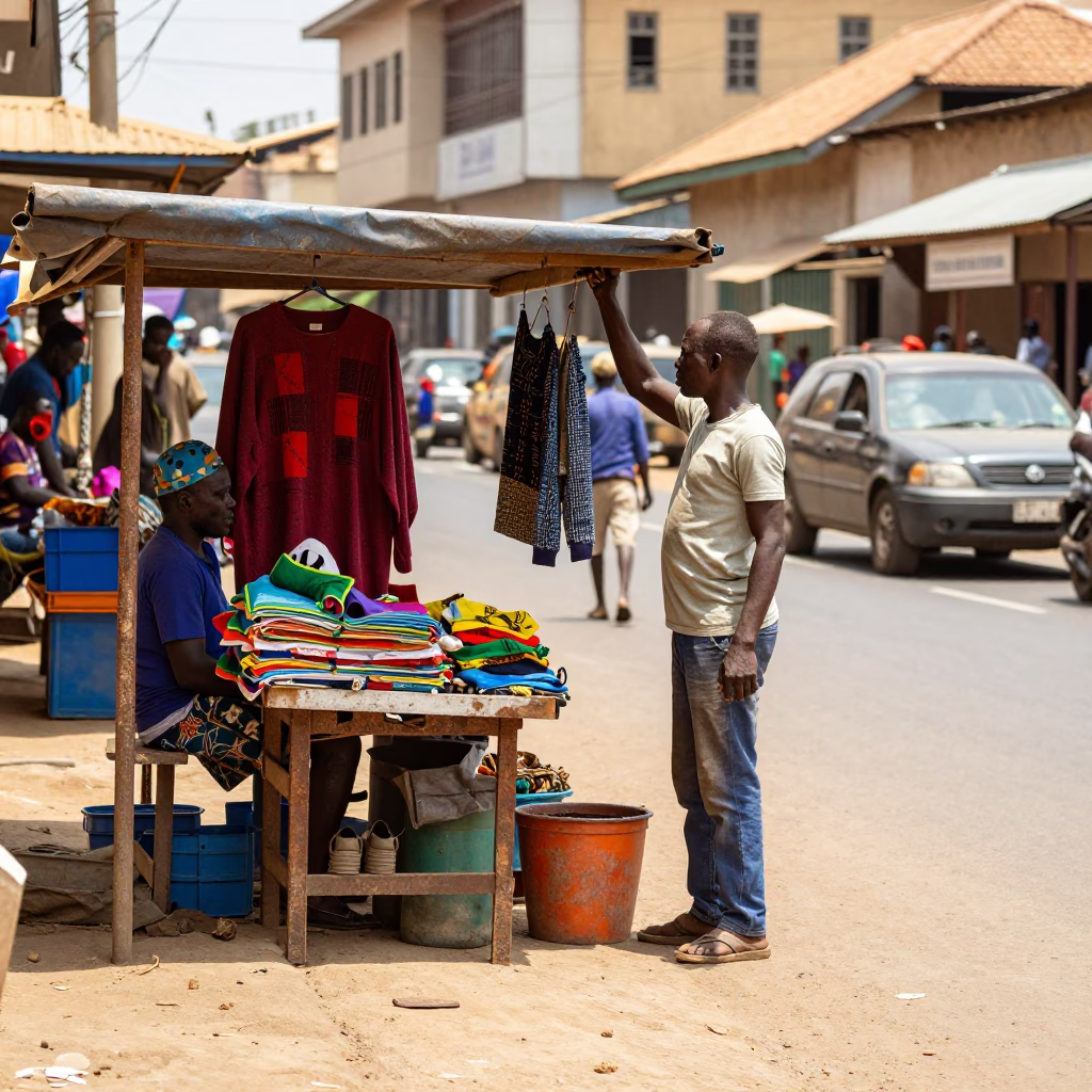 Midday Street Scene in Accra Ghana with Local Vendor and Hanging Towels in in Accra, Ghana