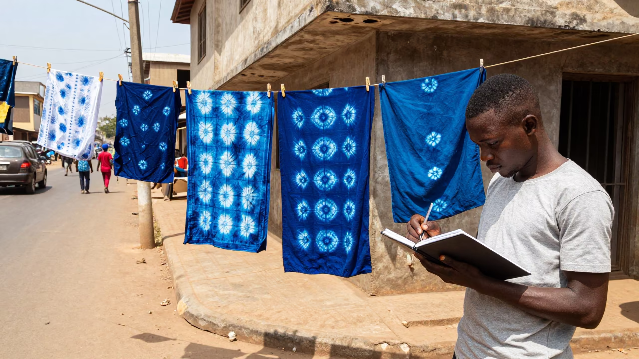 Midday Street Scene in Accra Ghana with Notebook and Indigo Fabric in in Accra, Ghana
