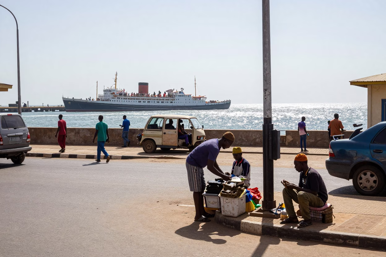 Midday Street Scene in Accra Ghana with Steamship in Harbor Background in in Accra, Ghana