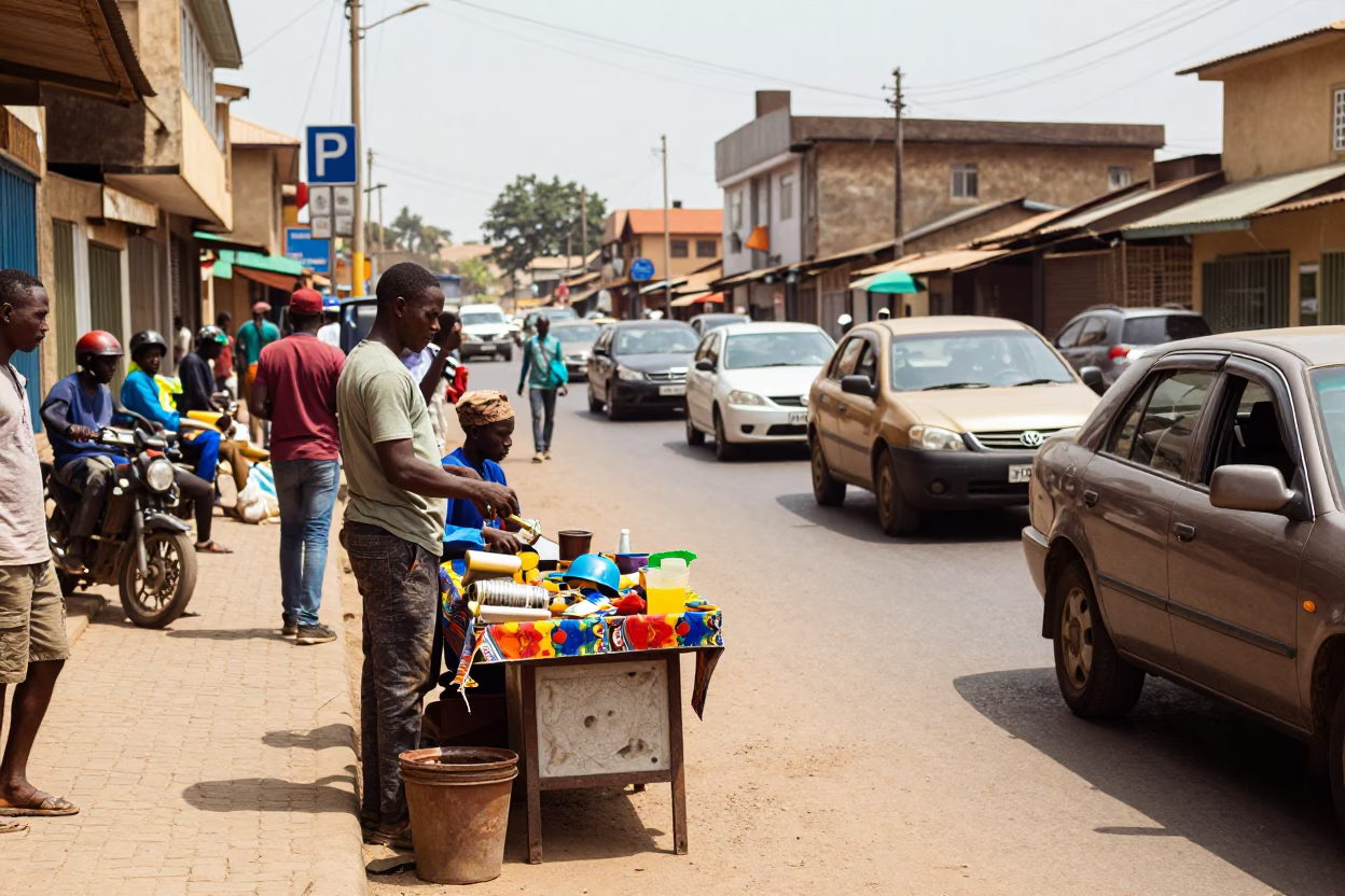 Midday Street Scene in Accra Ghana with Vendor and Local Traffic in in Accra, Ghana