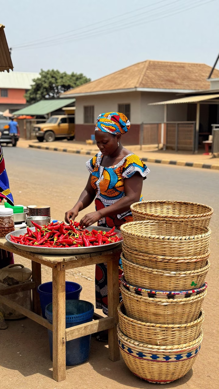 Midday Street Scene in Accra Ghana with Woven Baskets and Local Commerce in in Accra, Ghana