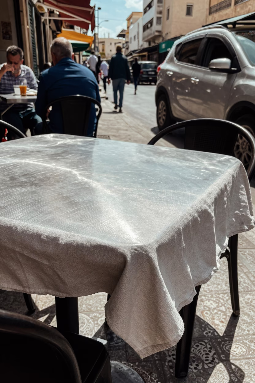 Midday Street Scene in Alexandria Egypt with Brushed Steel Tabletop and Linen Cloth in in Alexandria, Egypt