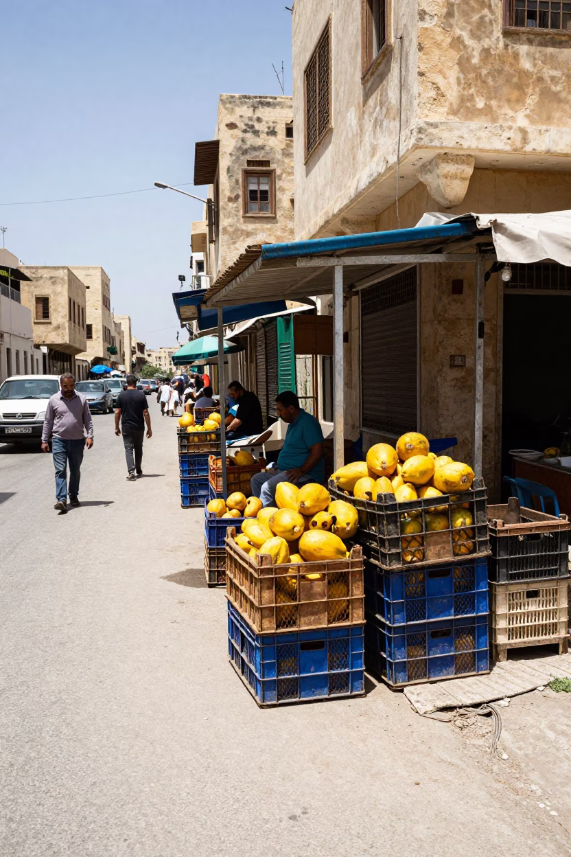 Midday Street Scene in Alexandria Egypt with Colorful Crates and Local Commerce in in Alexandria, Egypt