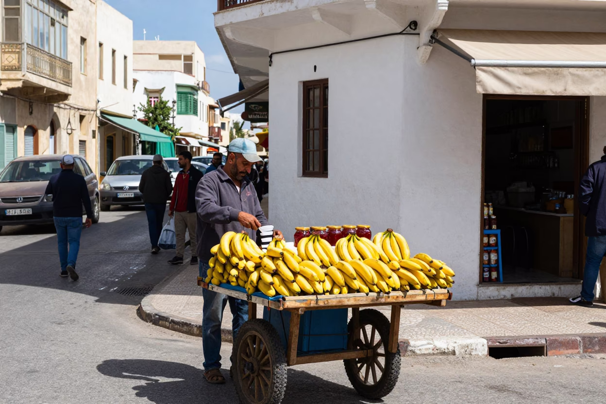 Midday Street Scene in Alexandria Egypt with Fresh Bananas and Jam Jars in in Alexandria, Egypt