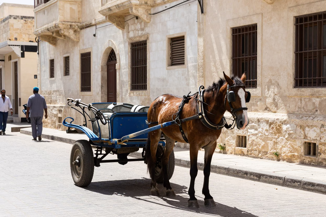 Midday Street Scene in Alexandria Egypt with Horse Drawn Cart on Cobblestone in in Alexandria, Egypt