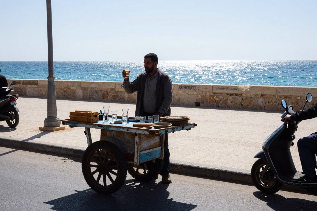 Midday Street Scene in Alexandria Egypt with Local Vendor and Glass Jar in in Alexandria, Egypt