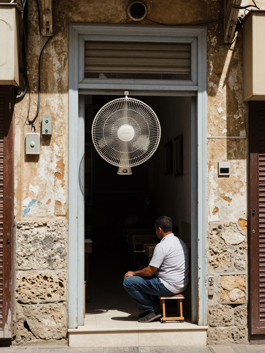 Midday street scene in Alexandria Egypt with narrow shop window and hanging fan in in Alexandria, Egypt