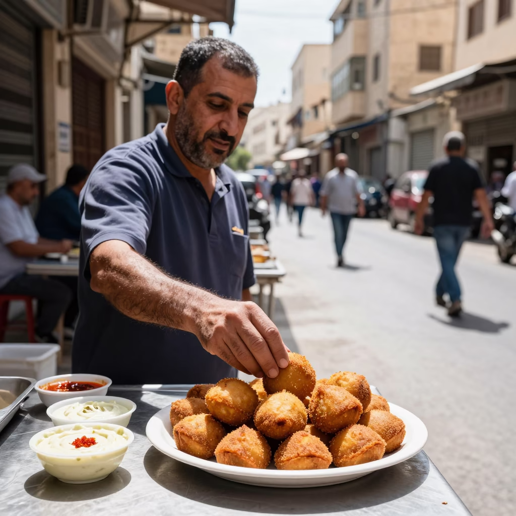 Midday Street Scene in Alexandria Egypt with Plate of Kibbeh and Traditional Market Activity in in Alexandria, Egypt